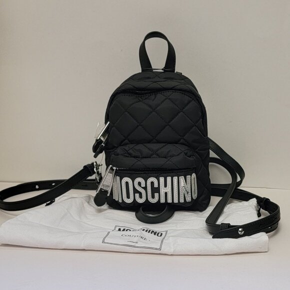 Moschino Black Mini Quilted Backpack In Fantasy Print Black - Picture 2 of 14
